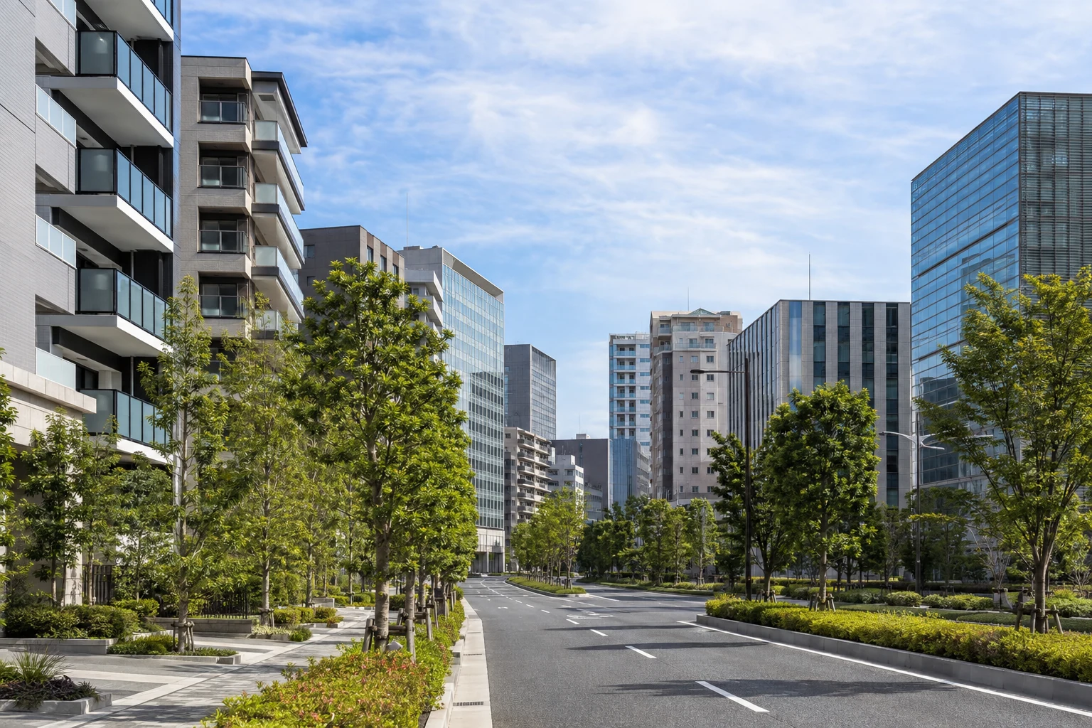 Begrünte Stadtstraße in Higashi-ku mit modernen Apartmenthäusern und Bürogebäuden