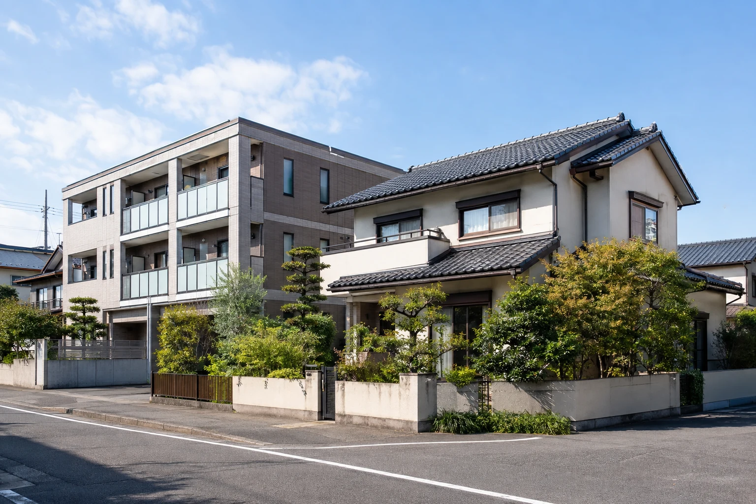 Japanisches Wohnhaus mit kleinem Garten neben einem kompakten Apartmenthaus in Higashi-ku